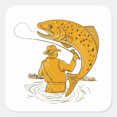 Fly Fisherman Reeling Trout Drawing Square Sticker