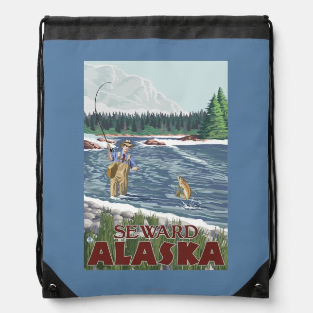 Fly Fisherman - Seward, Alaska Drawstring Bag (Front)