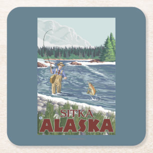 Fly Fisherman - Sitka, Alaska Square Paper Coaster