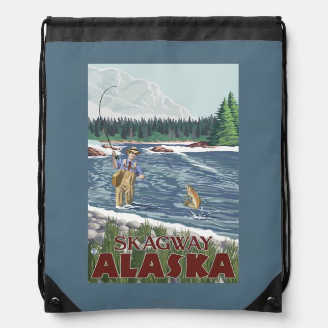 Fly Fisherman - Skagway, Alaska Drawstring Bag (Front)