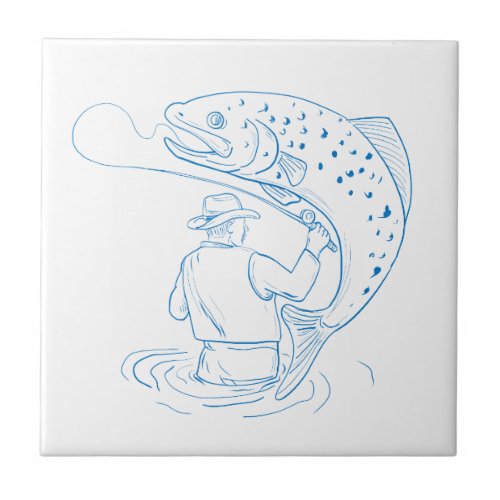 Fly Fisherman Trout Fishing Drawing Tile