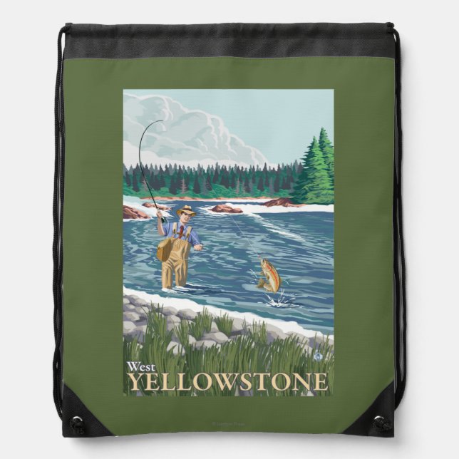 Fly Fisherman - West Yellowstone, Montana Drawstring Bag (Front)