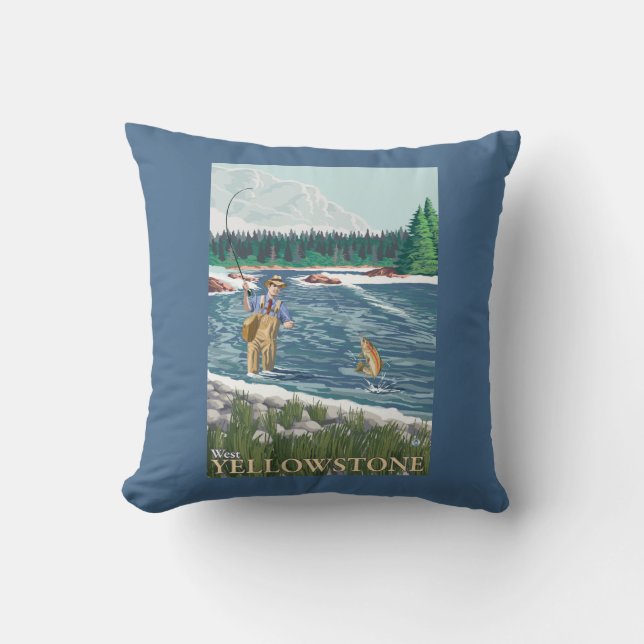 Fly Fisherman - West Yellowstone, Montana Throw Pillow (Front)
