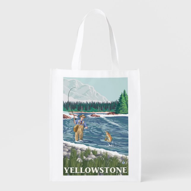 Fly Fisherman - Yellowstone National Park Reusable Grocery Bag (Front)