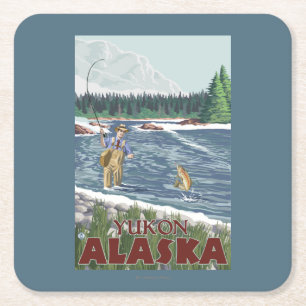 Fly Fisherman - Yukon, Alaska Square Paper Coaster