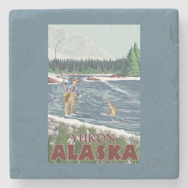 Fly Fisherman - Yukon, Alaska Stone Coaster (Front)