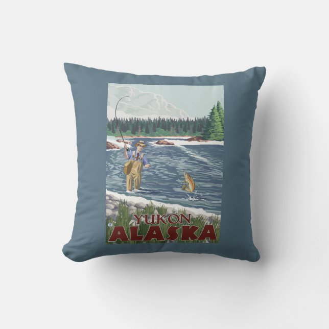 Fly Fisherman - Yukon, Alaska Throw Pillow (Front)