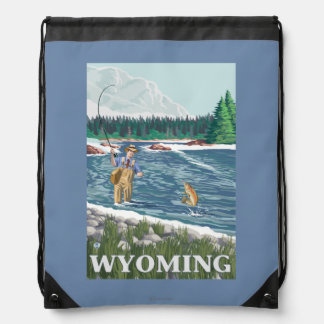 Fly FishermanWyomingVintage Travel Poster Drawstring Bag