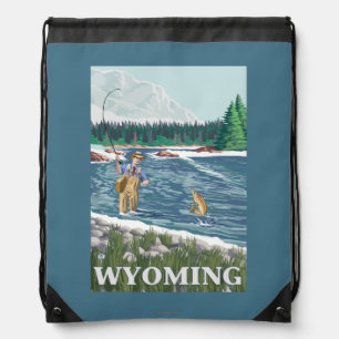 Fly FishermanWyomingVintage Travel Poster Drawstring Bag