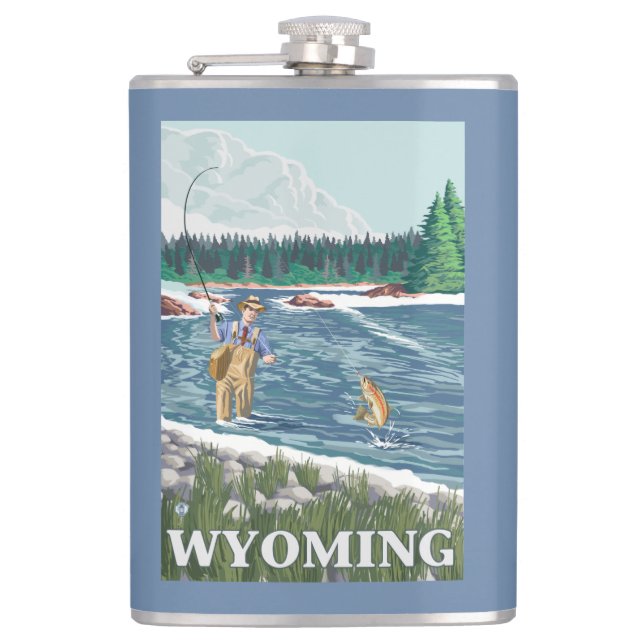 Fly FishermanWyomingVintage Travel Poster Flask (Front)