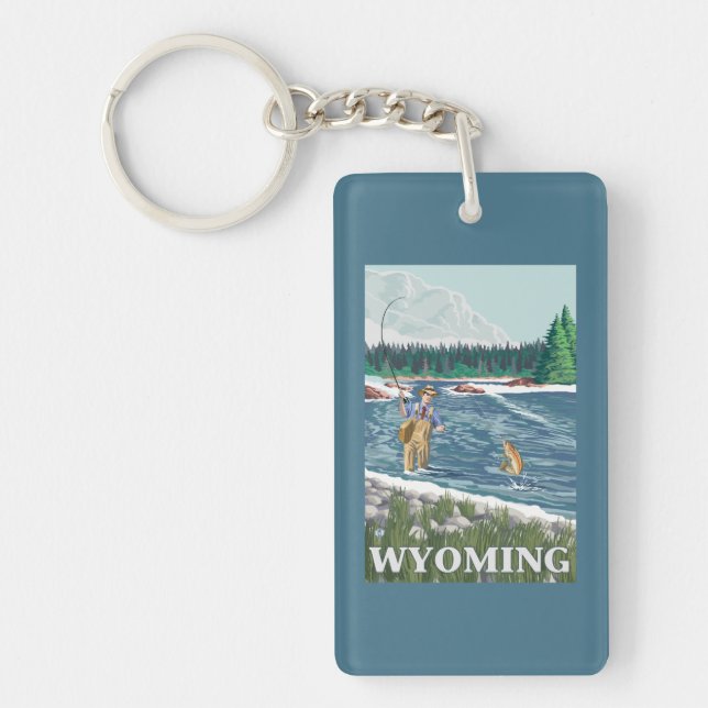 Fly FishermanWyomingVintage Travel Poster Keychain (Front)