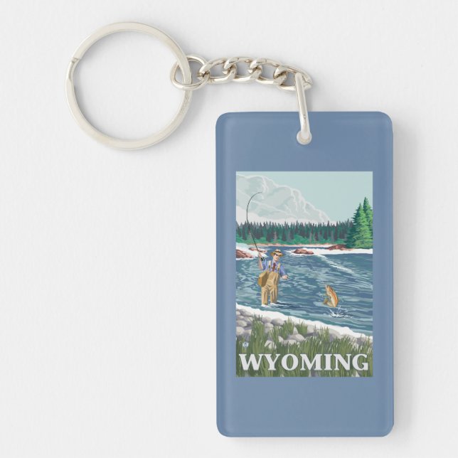 Fly FishermanWyomingVintage Travel Poster Keychain (Front)