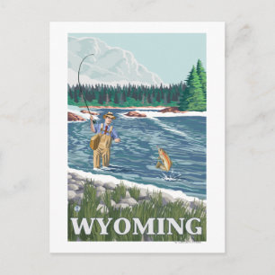 Fly FishermanWyomingVintage Travel Poster Postcard