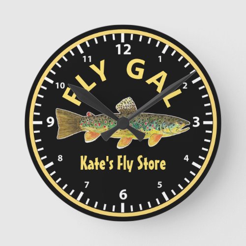 Fly Fishing Brown Trout FLY GAL Anglers Black Round Clock