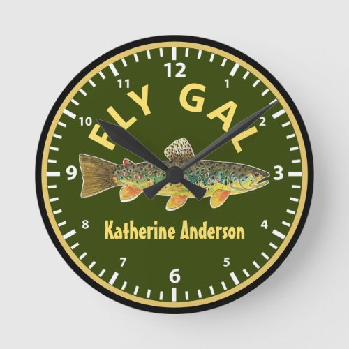 Fly Fishing Brown Trout FLY GAL Custom Anglers Round Clock