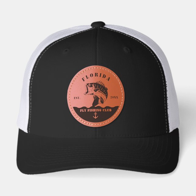 Fly Fishing Club trip Fisherman camping Leather Pa Patch Hat (Front)