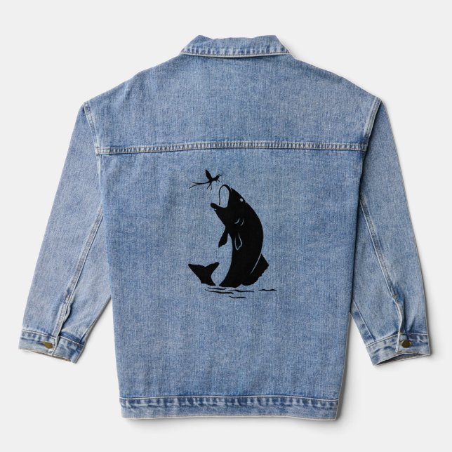 Fly Fishing Fish Jump Larvea Hook Fisherman Gift Denim Jacket (Back)