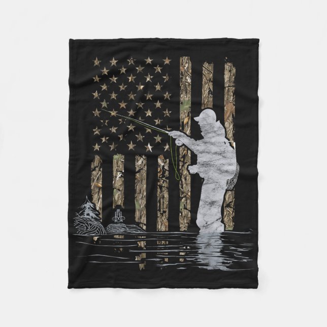 Fly Fishing Fisherman American Flag Camouflage Fly Fleece Blanket (Front)