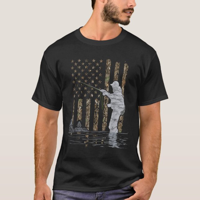 Fly Fishing Fisherman American Flag Camouflage Fly T-Shirt (Front)