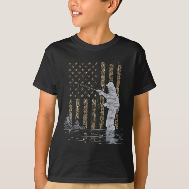 Fly Fishing Fisherman American Flag Camouflage Fly T-Shirt (Front)