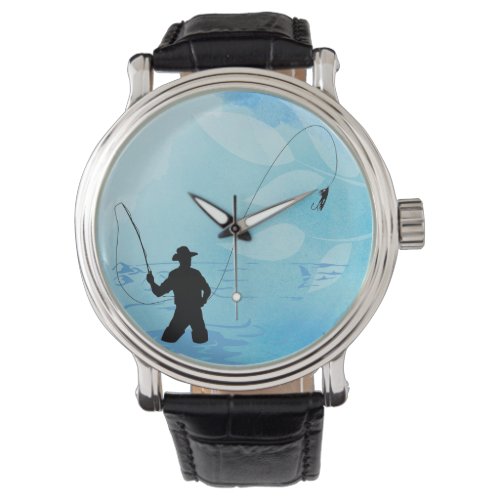 Fly Fishing Fisherman Black Vintage Leather Watch