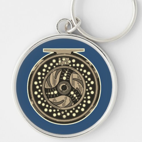 Fly Fishing Fly Reel Artwork for Anglers Blue Keychain