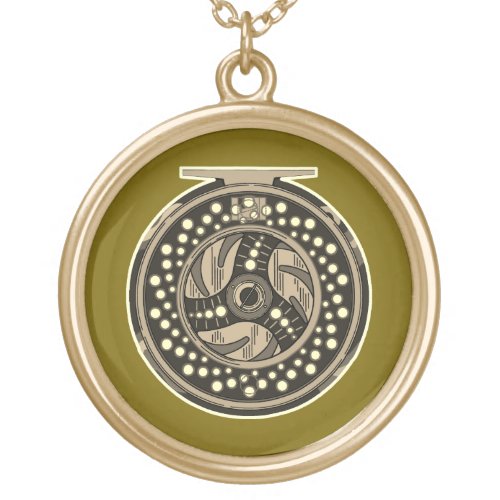 Fly Fishing Fly Reel Artwork for Fly Fisherwomen Gold Plated Necklace