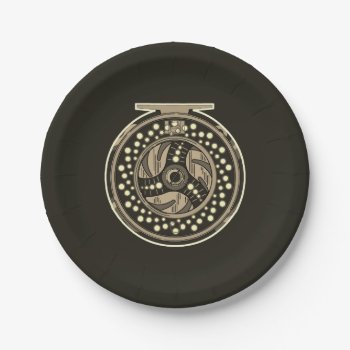 Fly Fishing Fly Reel Design Party Black Paper Plates by TroutWhiskers at Zazzle