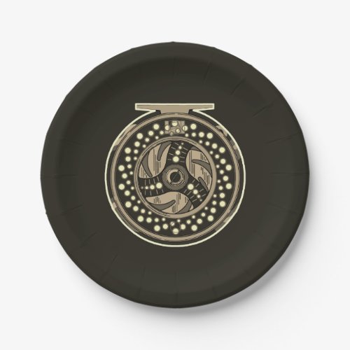 Fly Fishing Fly Reel Design Party Black Paper Plates