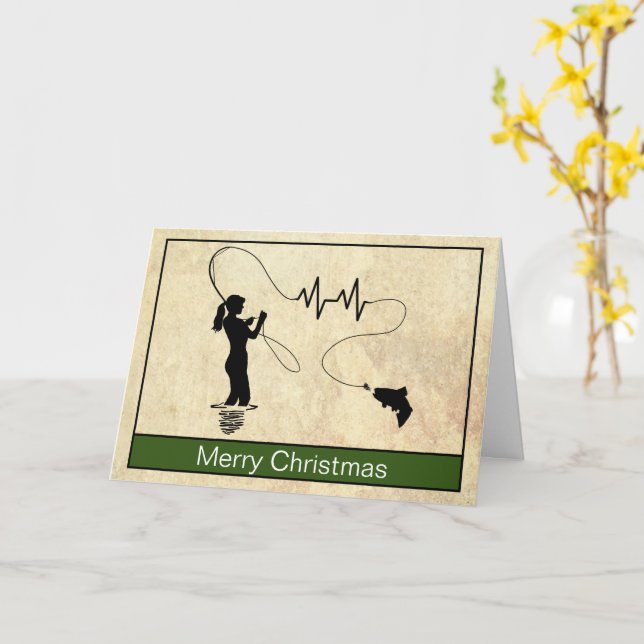 Fly Fishing Heartbeat Woman Merry Christmas Card (Yellow Flower)
