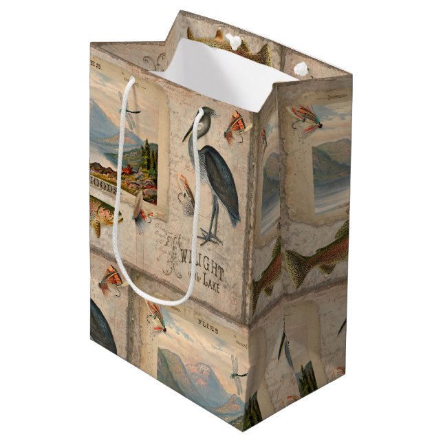 Fly Fishing Lake Trout Vintage Fish Decoupage Art Medium Gift Bag (Front Angled)