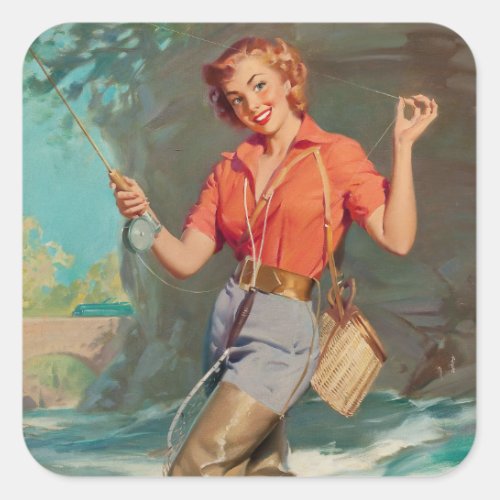 Fly Fishing Pin Up Art Square Sticker