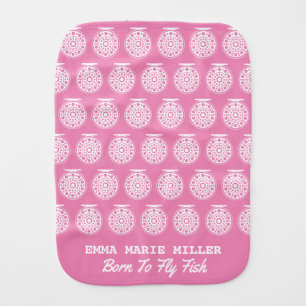 Fly FIshing Reel Artwork in White on a Pink Baby Burp Cloth