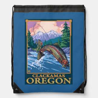 Fly Fishing Scene - Clackamas, Oregon Drawstring Bag