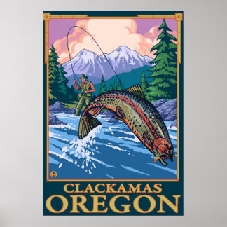 Fly Fishing Scene - Clackamas, Oregon Poster
