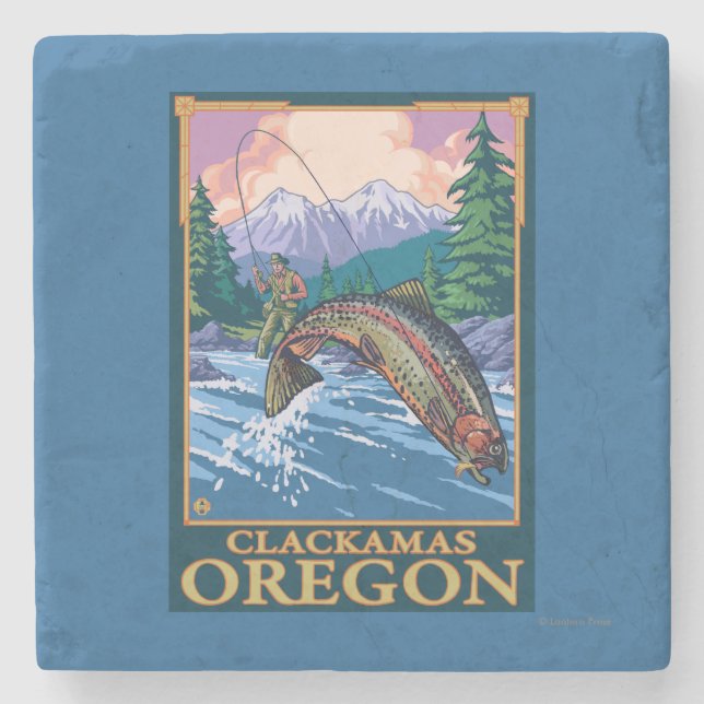 Fly Fishing Scene - Clackamas, Oregon Stone Coaster (Front)