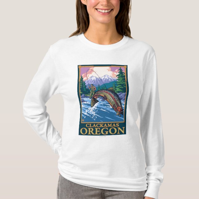 Fly Fishing Scene - Clackamas, Oregon T-Shirt (Front)