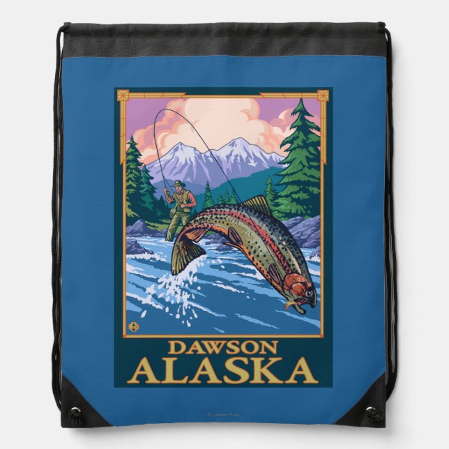 Fly Fishing Scene - Dawson, Alaska Drawstring Bag (Front)