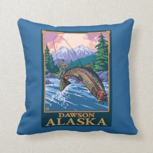 Fly Fishing Scene - Dawson, Alaska Throw Pillow
