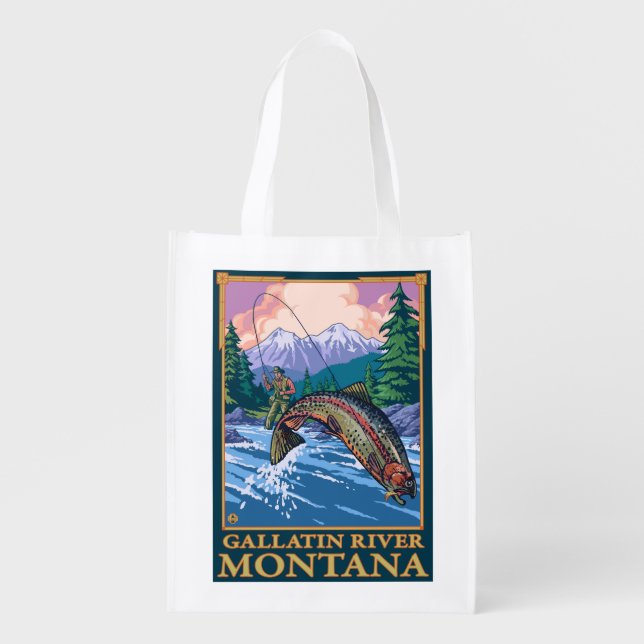 Fly Fishing Scene - Gallatin River, Montana Reusable Grocery Bag (Front)