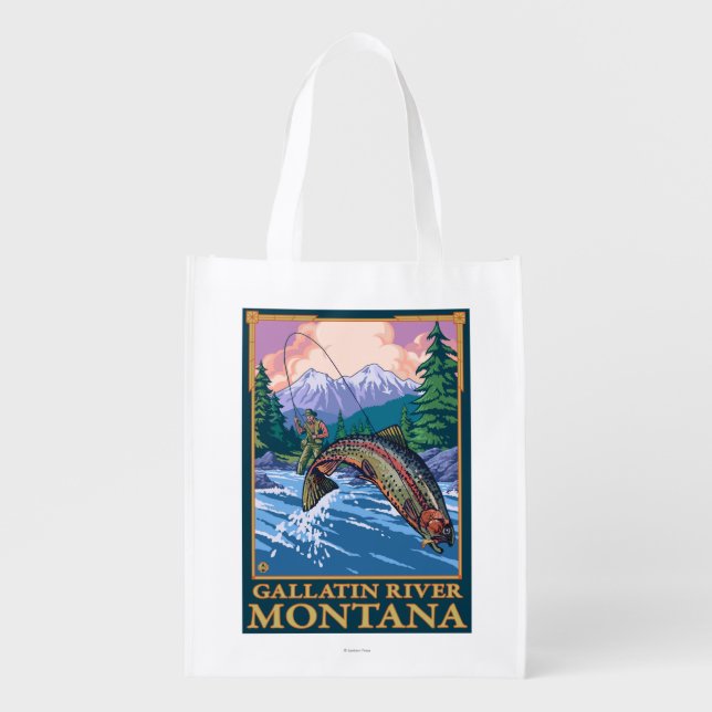 Fly Fishing Scene - Gallatin River, Montana Reusable Grocery Bag (Front)