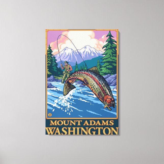 Fly Fishing Scene - Mount Adams, Washington Canvas Print (Front)