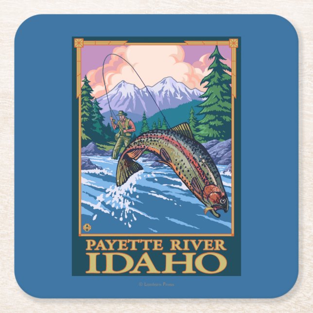 Fly Fishing Scene - Payette River, Idaho Square Paper Coaster (Front)