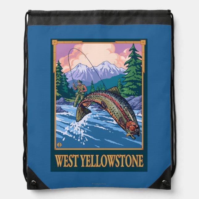 Fly Fishing Scene - West Yellowstone Drawstring Bag (Front)