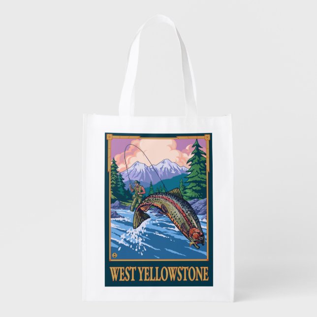 Fly Fishing Scene - West Yellowstone Grocery Bag (Front)