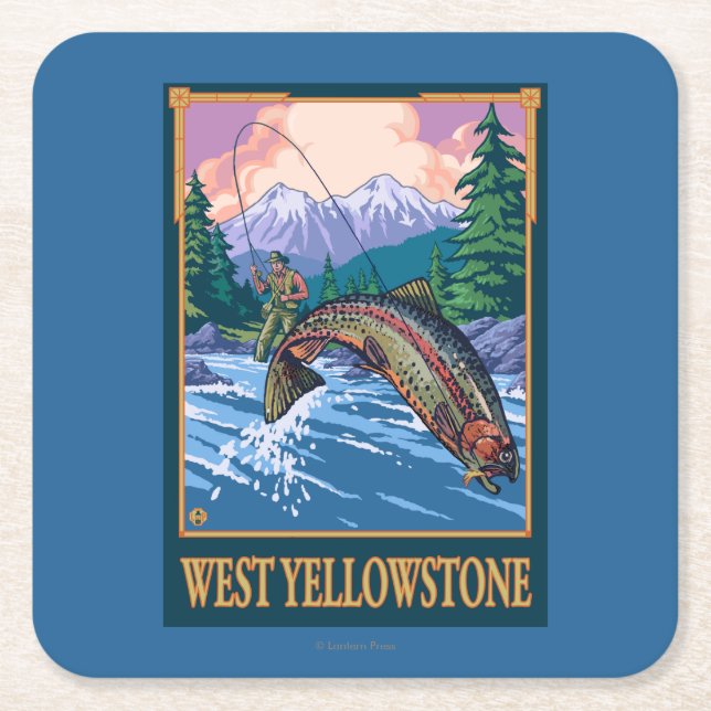 Fly Fishing Scene - West Yellowstone Square Paper Coaster (Front)