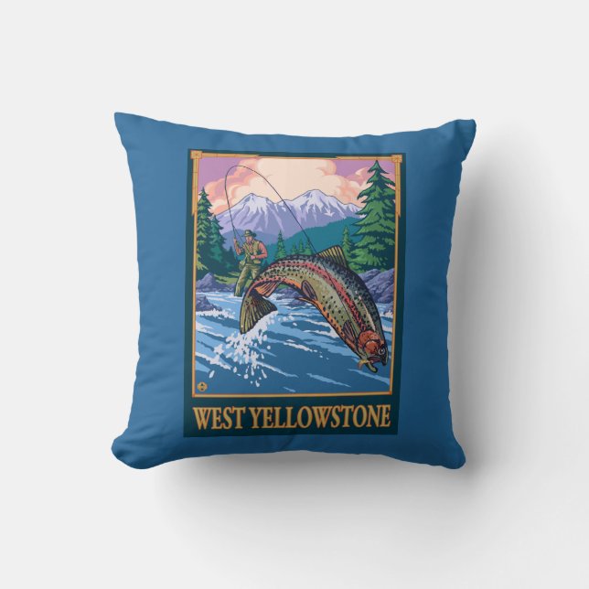 Fly Fishing Scene - West Yellowstone Throw Pillow (Front)