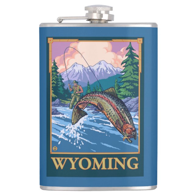 Fly Fishing Scene - Wyoming Hip Flask (Front)