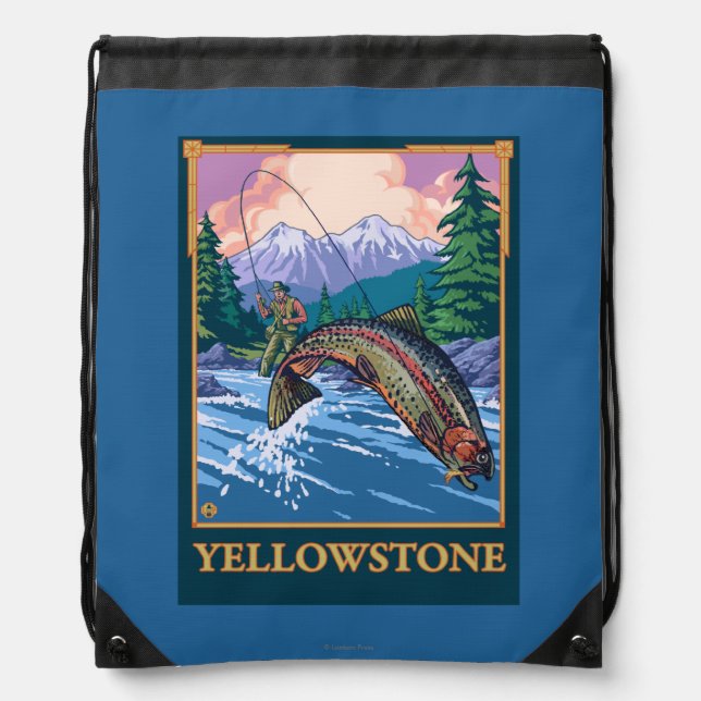 Fly Fishing Scene - Yellowstone National Park Drawstring Bag (Front)