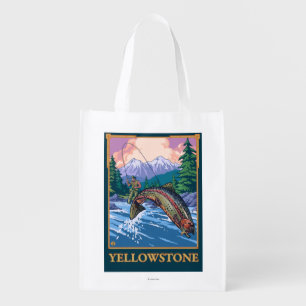 Fly Fishing Scene - Yellowstone National Park Reusable Grocery Bag